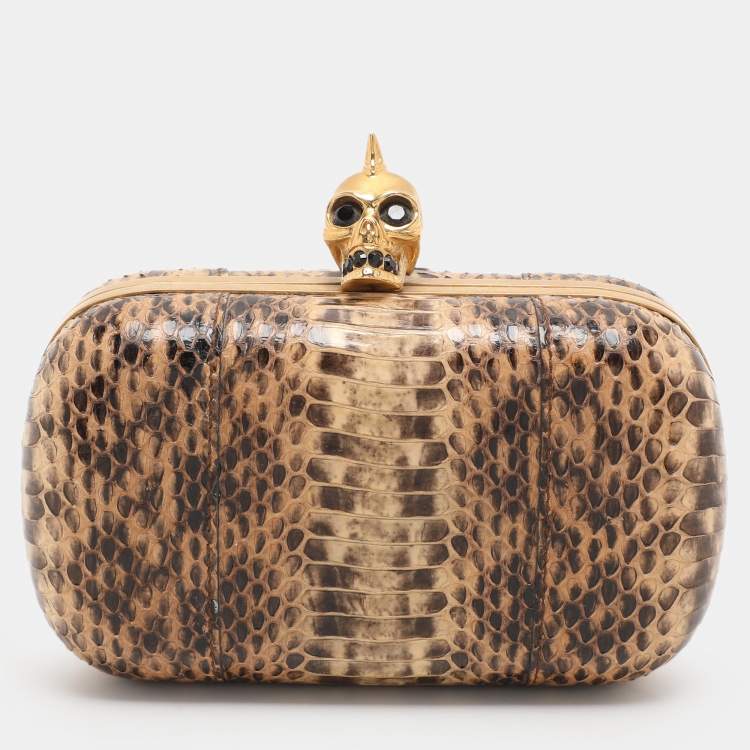 Pre Owned Alexander McQueen Beige Python Leather Skull Clutch