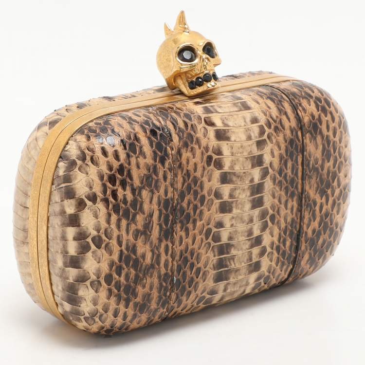 Pre Owned Alexander McQueen Beige Python Leather Skull Clutch