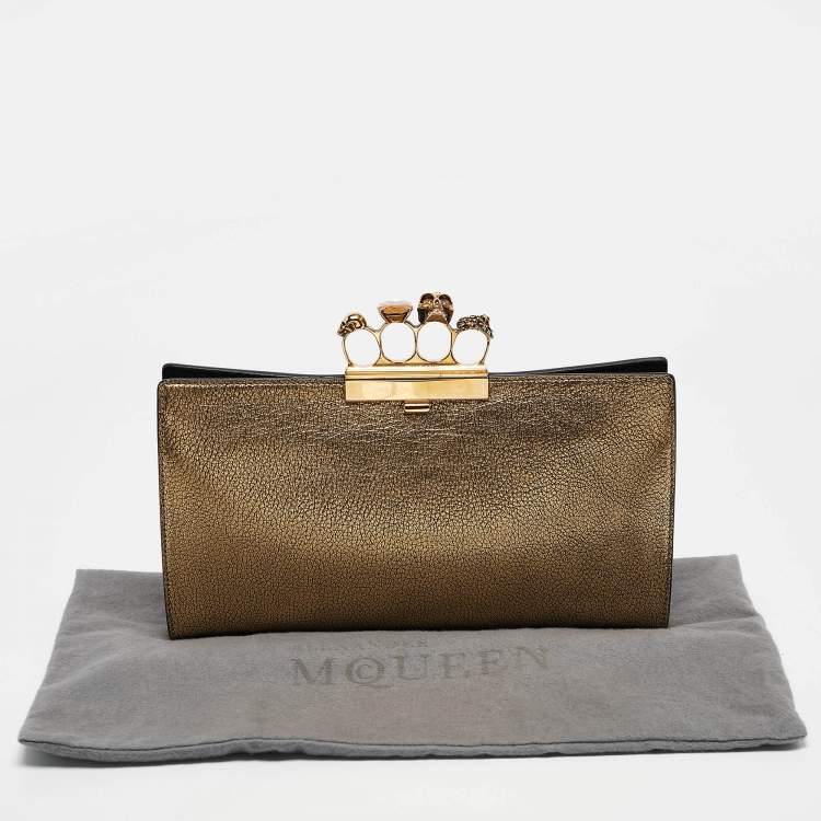 Pre Owned Alexander McQueen Gold Leather Crystal Skull Knuckle Clutch