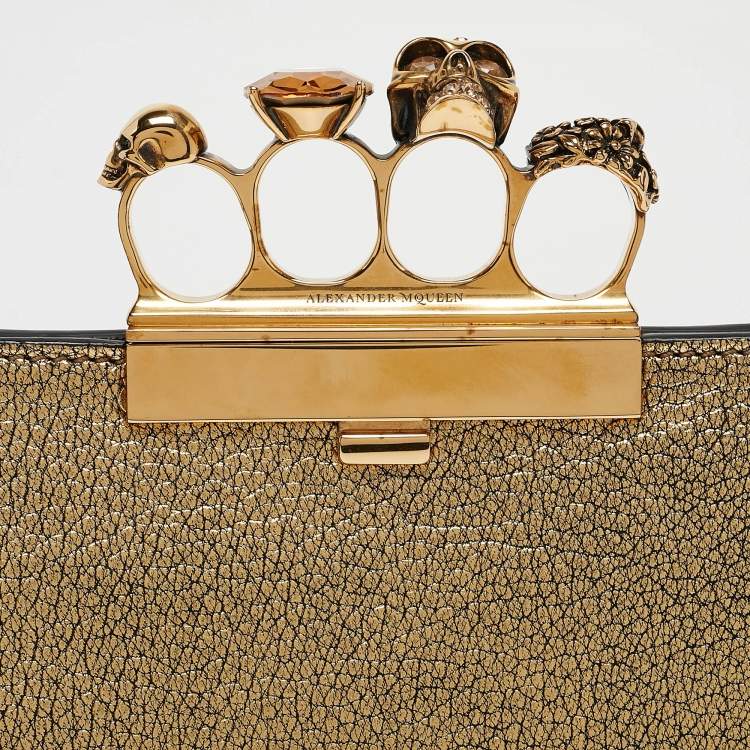 Pre Owned Alexander McQueen Gold Leather Crystal Skull Knuckle Clutch