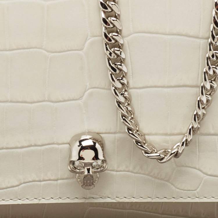Pre Owned Alexander McQueen White Croc Embossed Leather Small Skull Shoulder Bag