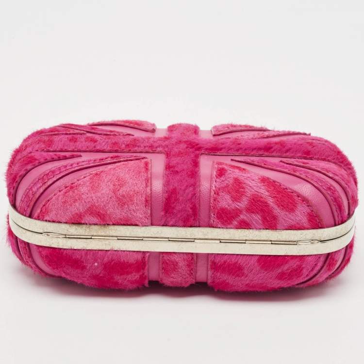Pre Owned Alexander McQueen Fuchsia Calf Hair Britannia Skull Box Chain Clutch