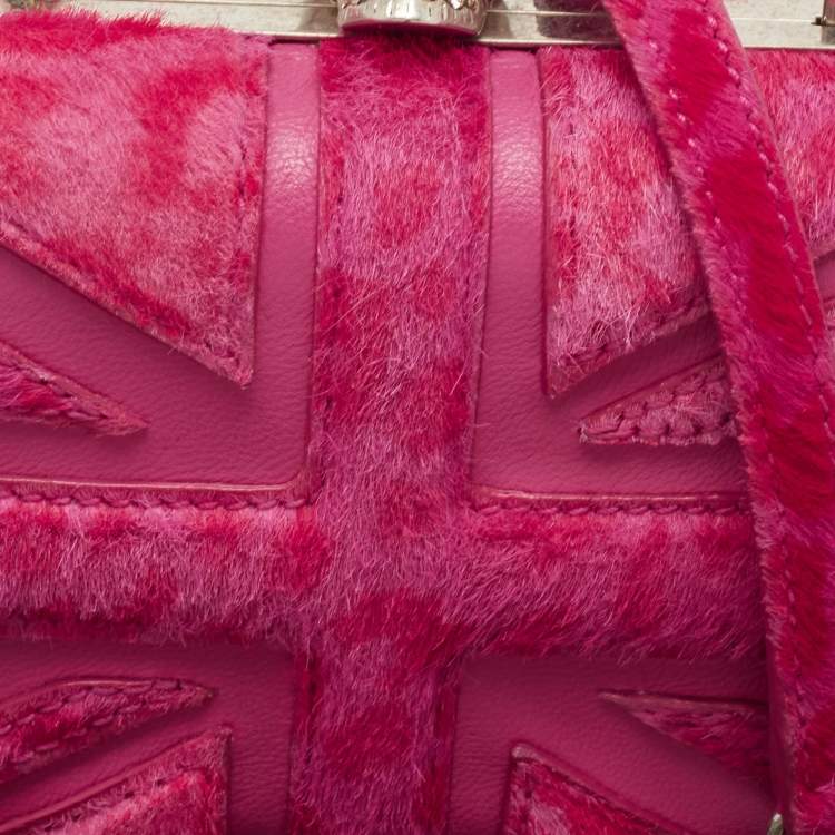 Pre Owned Alexander McQueen Fuchsia Calf Hair Britannia Skull Box Chain Clutch