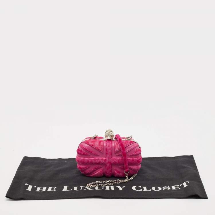 Pre Owned Alexander McQueen Fuchsia Calf Hair Britannia Skull Box Chain Clutch