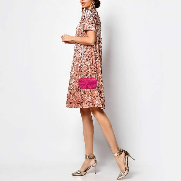Pre Owned Alexander McQueen Fuchsia Calf Hair Britannia Skull Box Chain Clutch