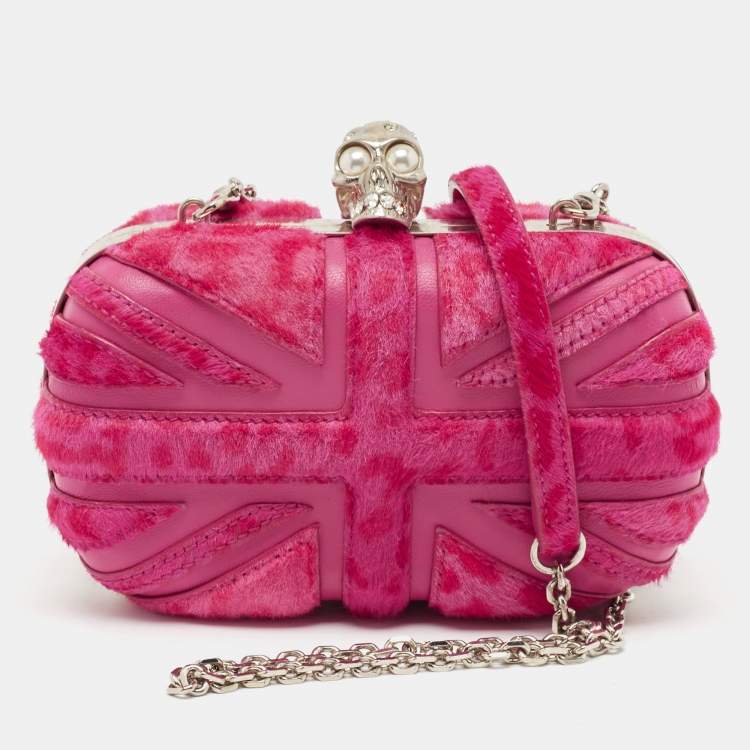 Pre Owned Alexander McQueen Fuchsia Calf Hair Britannia Skull Box Chain Clutch