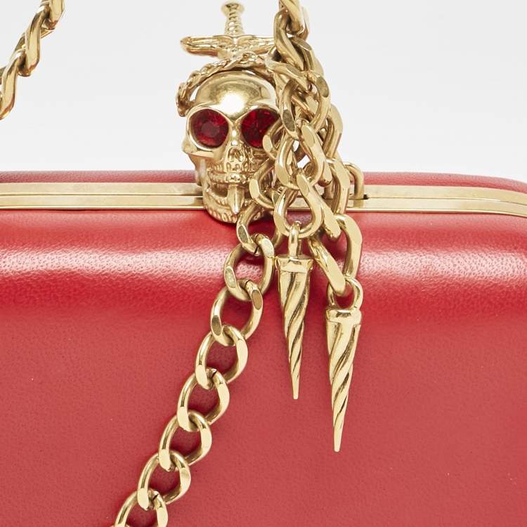 Pre Owned Alexander McQueen Red Leather Dagger Skull Box Clutch