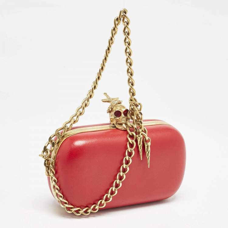 Pre Owned Alexander McQueen Red Leather Dagger Skull Box Clutch