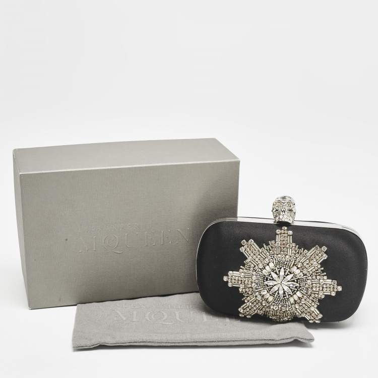Pre Owned Alexander McQueen Black Satin Crystals Embellished Skull Clutch