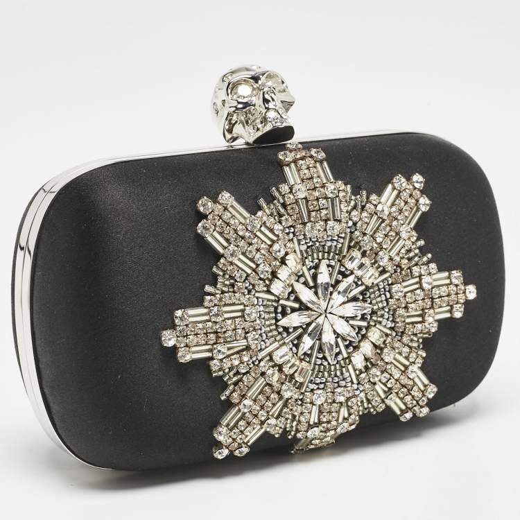 Pre Owned Alexander McQueen Black Satin Crystals Embellished Skull Clutch