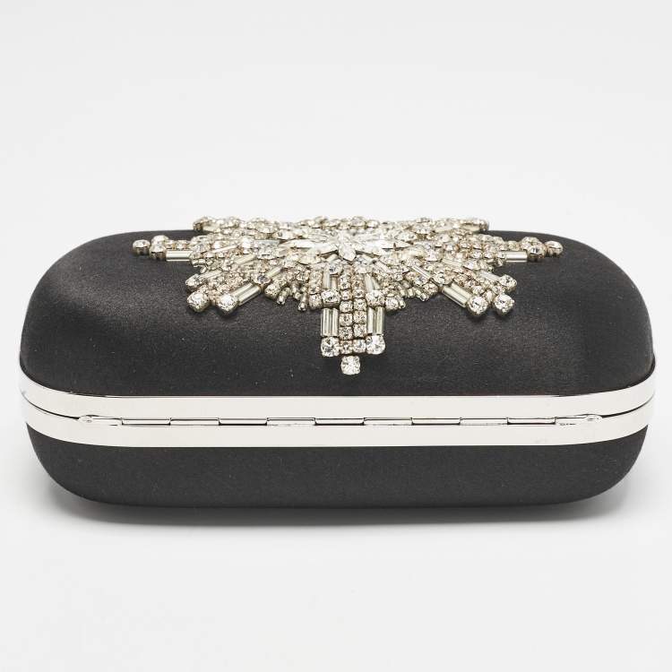 Pre Owned Alexander McQueen Black Satin Crystals Embellished Skull Clutch