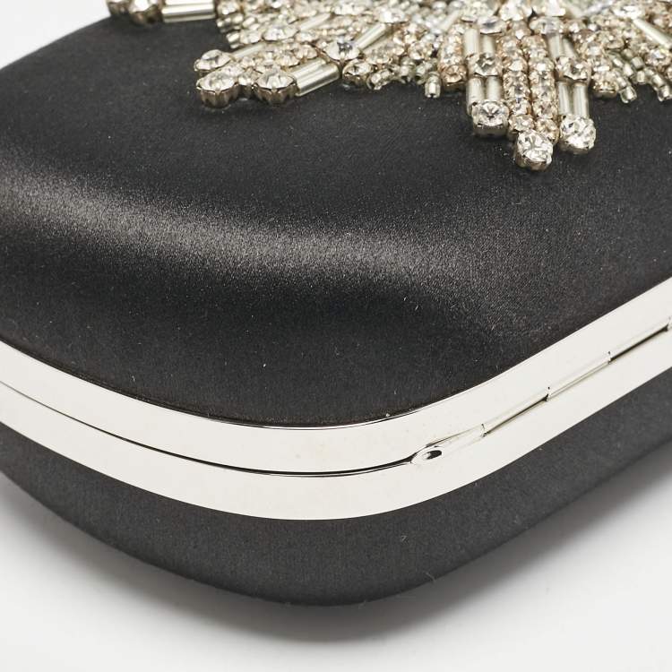 Pre Owned Alexander McQueen Black Satin Crystals Embellished Skull Clutch
