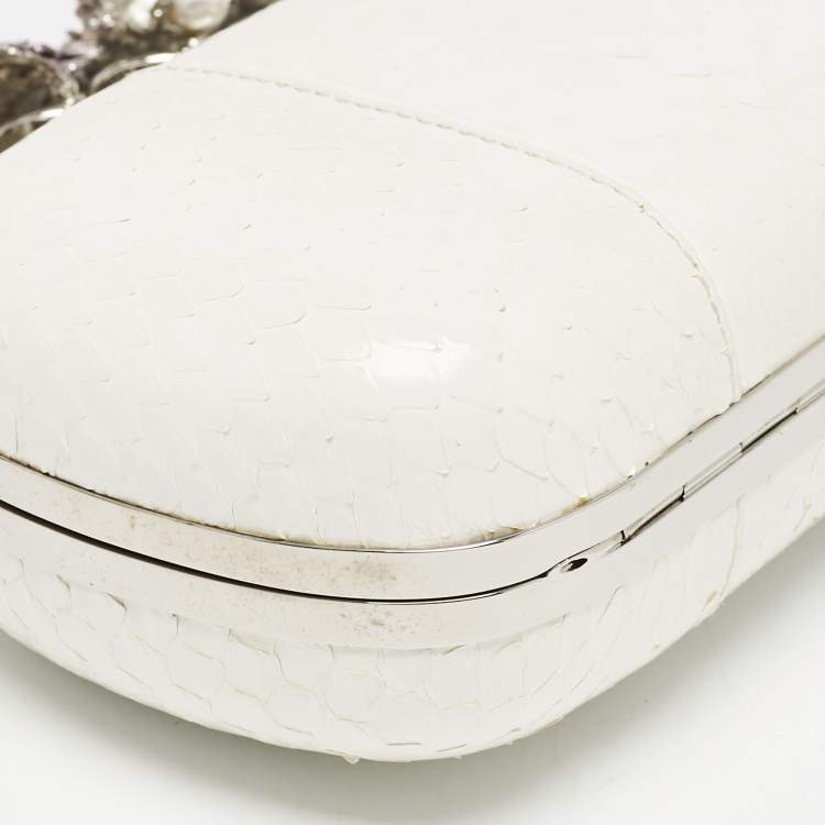 Pre Owned Alexander McQueen White Snakeskin Floral Embellished Knuckle Clutch