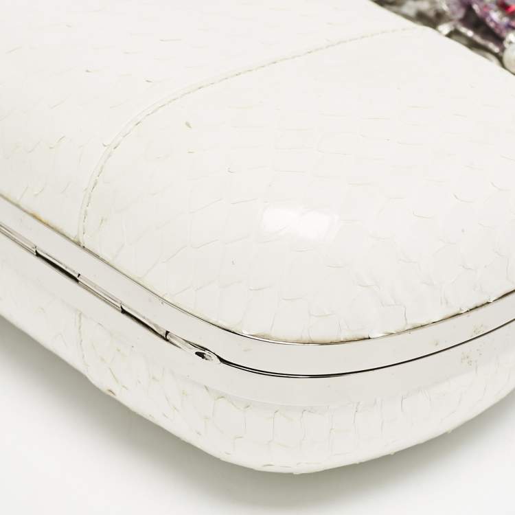 Pre Owned Alexander McQueen White Snakeskin Floral Embellished Knuckle Clutch