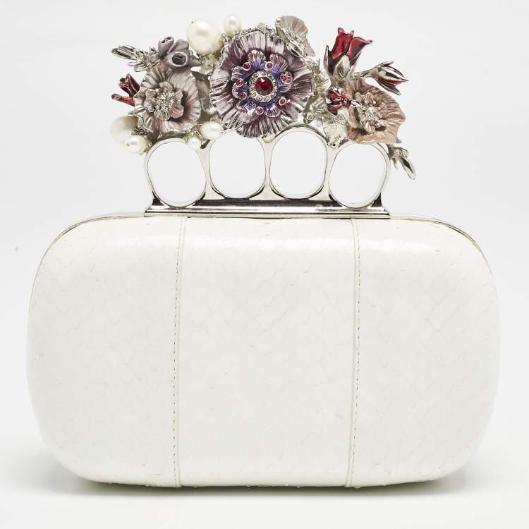 Pre Owned Alexander McQueen White Snakeskin Floral Embellished Knuckle Clutch