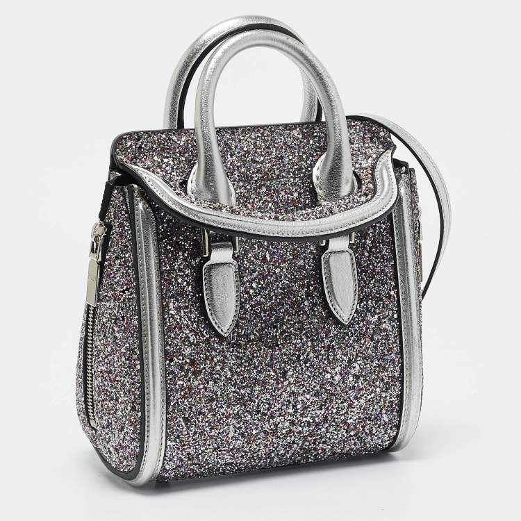 Pre Owned Alexander McQueen Grey Glitter and Leather Mini Heroine Shoulder Bag