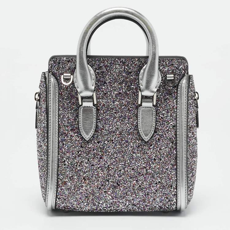 Pre Owned Alexander McQueen Grey Glitter and Leather Mini Heroine Shoulder Bag