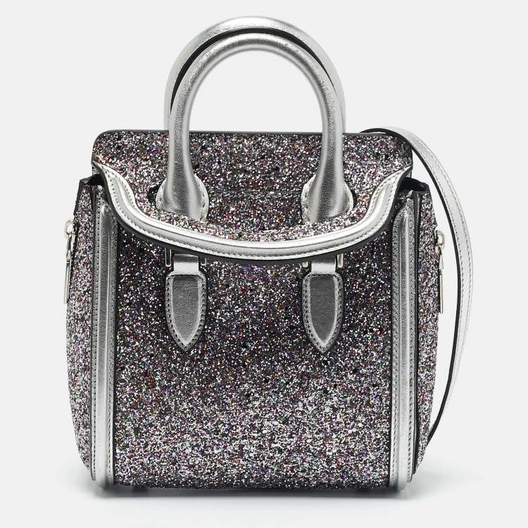 Pre Owned Alexander McQueen Grey Glitter and Leather Mini Heroine Shoulder Bag