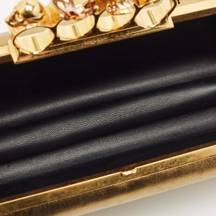 Pre Owned Alexander McQueen Gold Leather Skull Crystals Knuckle Box Clutch