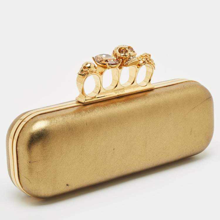 Pre Owned Alexander McQueen Gold Leather Skull Crystals Knuckle Box Clutch