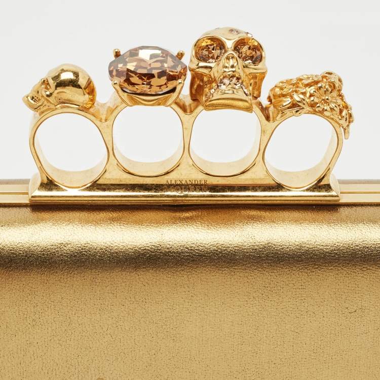 Pre Owned Alexander McQueen Gold Leather Skull Crystals Knuckle Box Clutch