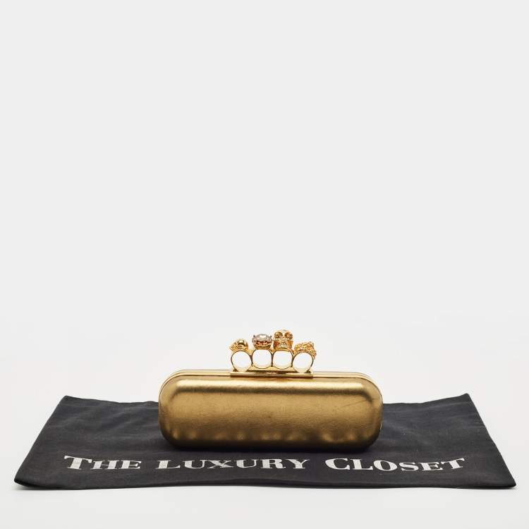 Pre Owned Alexander McQueen Gold Leather Skull Crystals Knuckle Box Clutch