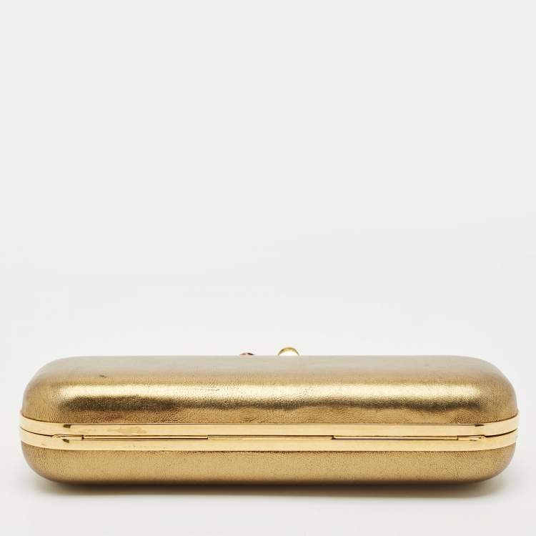 Pre Owned Alexander McQueen Gold Leather Skull Crystals Knuckle Box Clutch