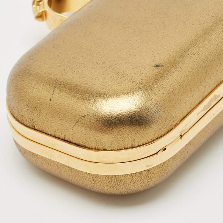 Pre Owned Alexander McQueen Gold Leather Skull Crystals Knuckle Box Clutch