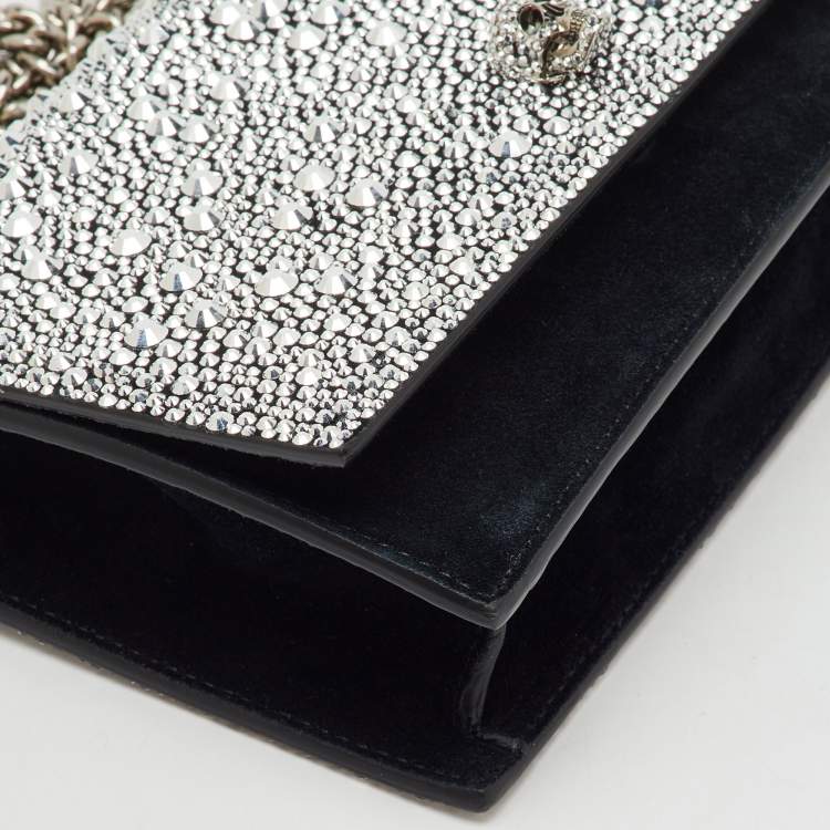 Pre Owned Alexander McQueen Black Suede Crystal Embellished Skull Flap Chain Clutch