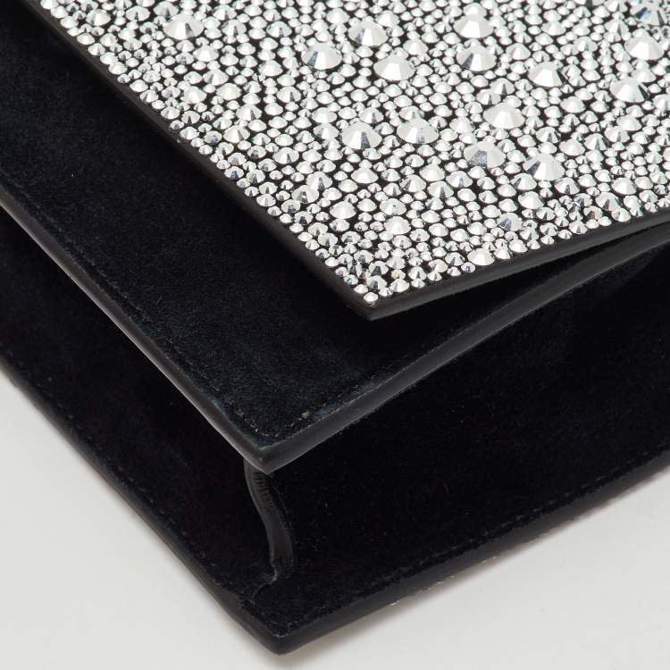 Pre Owned Alexander McQueen Black Suede Crystal Embellished Skull Flap Chain Clutch