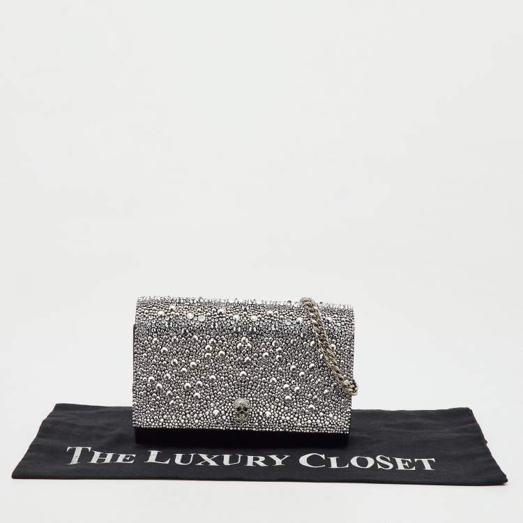 Pre Owned Alexander McQueen Black Suede Crystal Embellished Skull Flap Chain Clutch