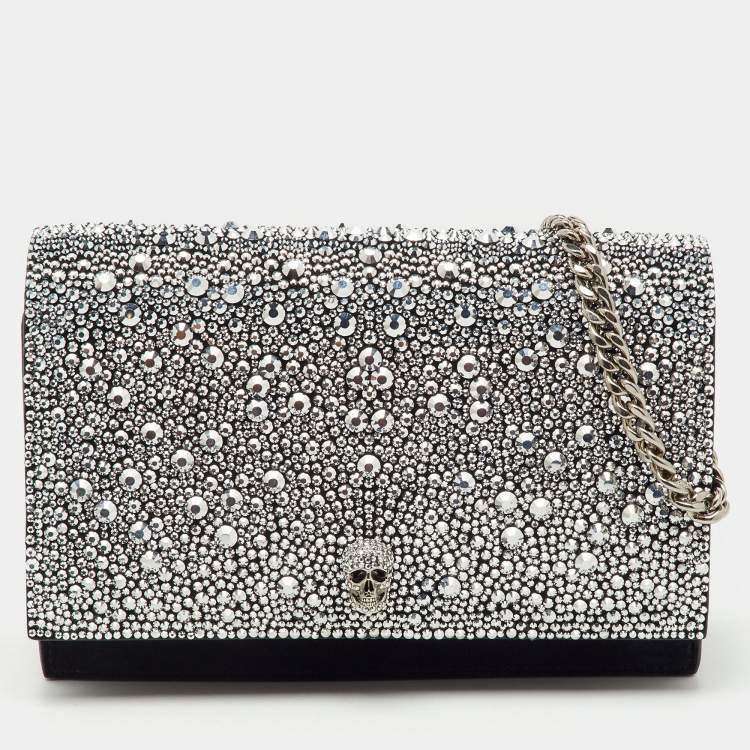 Pre Owned Alexander McQueen Black Suede Crystal Embellished Skull Flap Chain Clutch