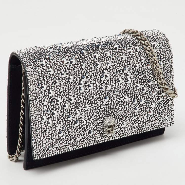 Pre Owned Alexander McQueen Black Suede Crystal Embellished Skull Flap Chain Clutch