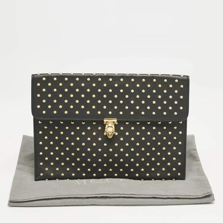 Pre Owned Alexander McQueen Black Leather Studded Flat Skull Clutch