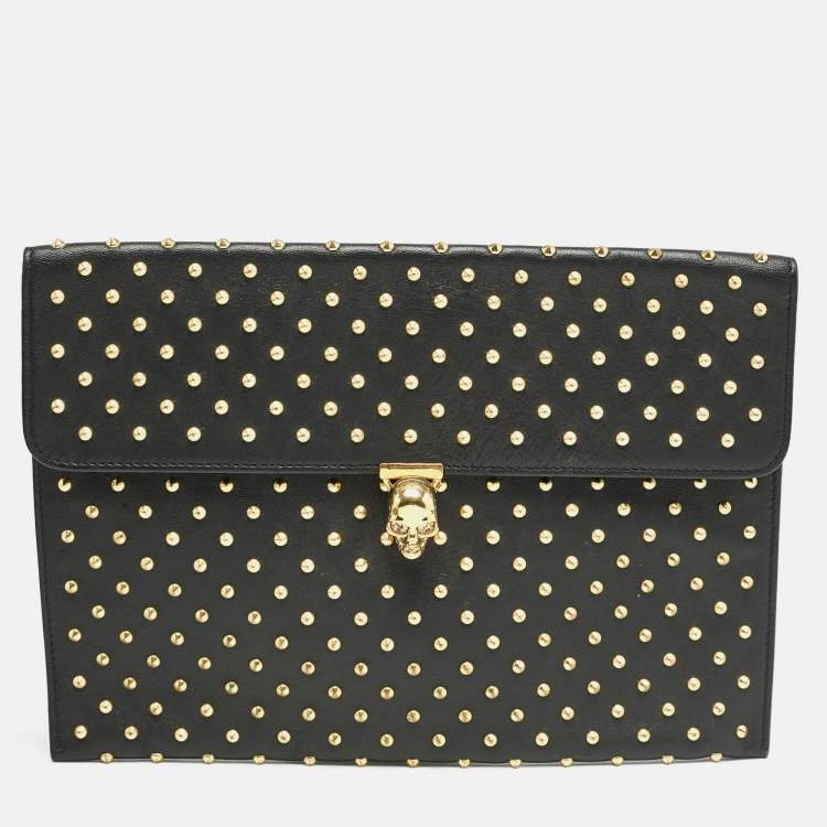 Pre Owned Alexander McQueen Black Leather Studded Flat Skull Clutch