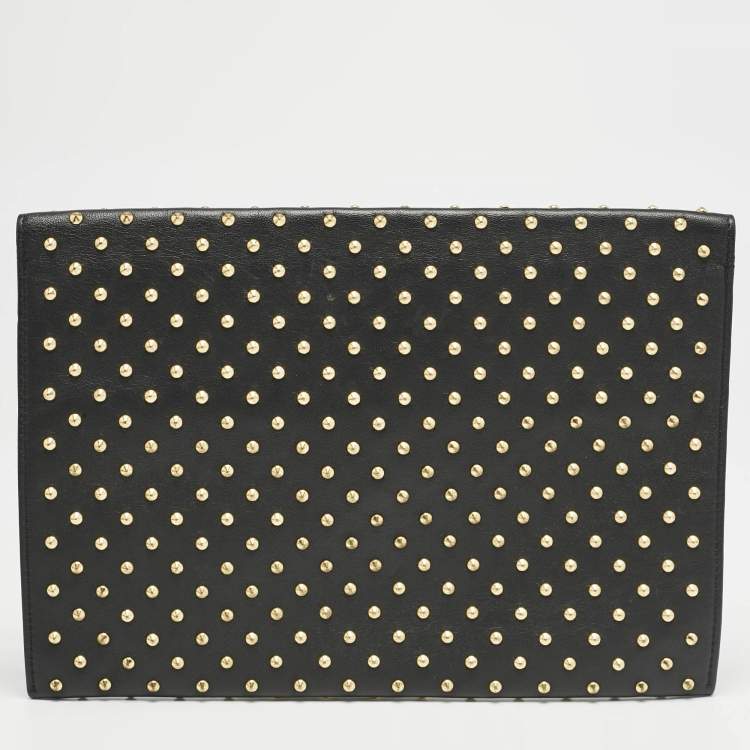 Pre Owned Alexander McQueen Black Leather Studded Flat Skull Clutch
