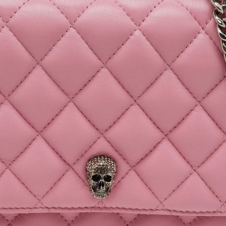 Pre Owned Alexander McQueen Pink Quilted Leather Skull Flap Chain Clutch