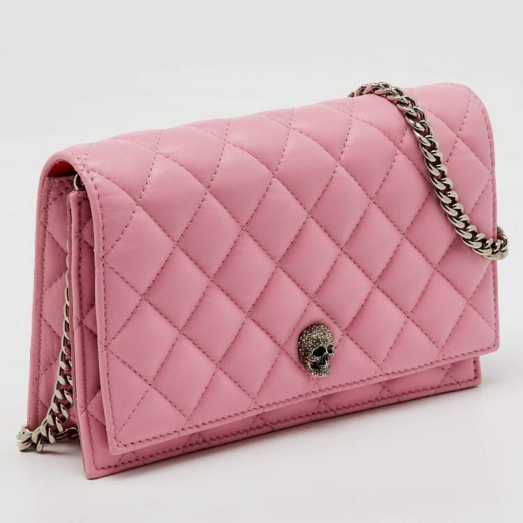 Pre Owned Alexander McQueen Pink Quilted Leather Skull Flap Chain Clutch