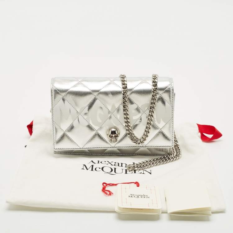 Pre Owned Alexander McQueen Silver Quilted Leather Small Skull Chain Bag 