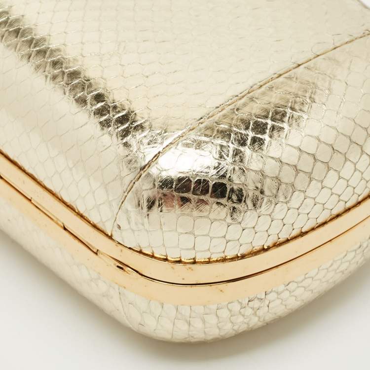 Pre Owned Alexander McQueen Gold Snakeskin Embossed Leather Skull Box Clutch Bag