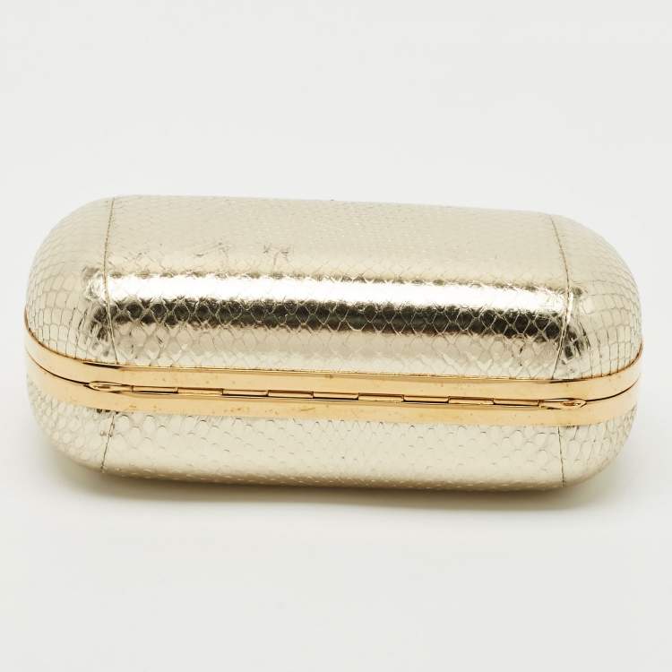 Pre Owned Alexander McQueen Gold Snakeskin Embossed Leather Skull Box Clutch Bag