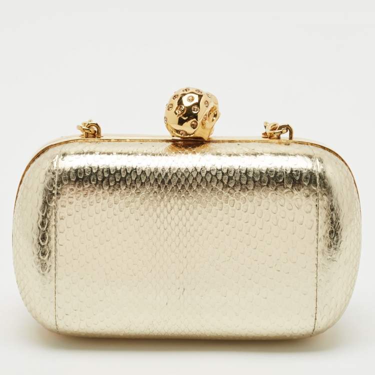 Pre Owned Alexander McQueen Gold Snakeskin Embossed Leather Skull Box Clutch Bag