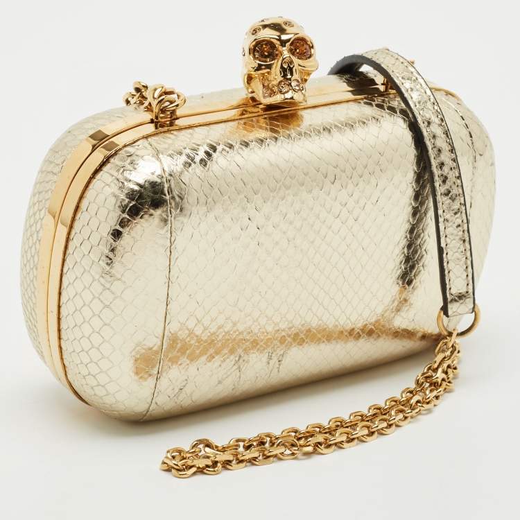 Pre Owned Alexander McQueen Gold Snakeskin Embossed Leather Skull Box Clutch Bag