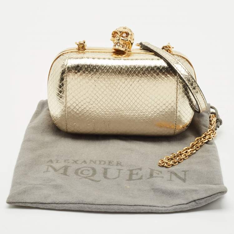Pre Owned Alexander McQueen Gold Snakeskin Embossed Leather Skull Box Clutch Bag