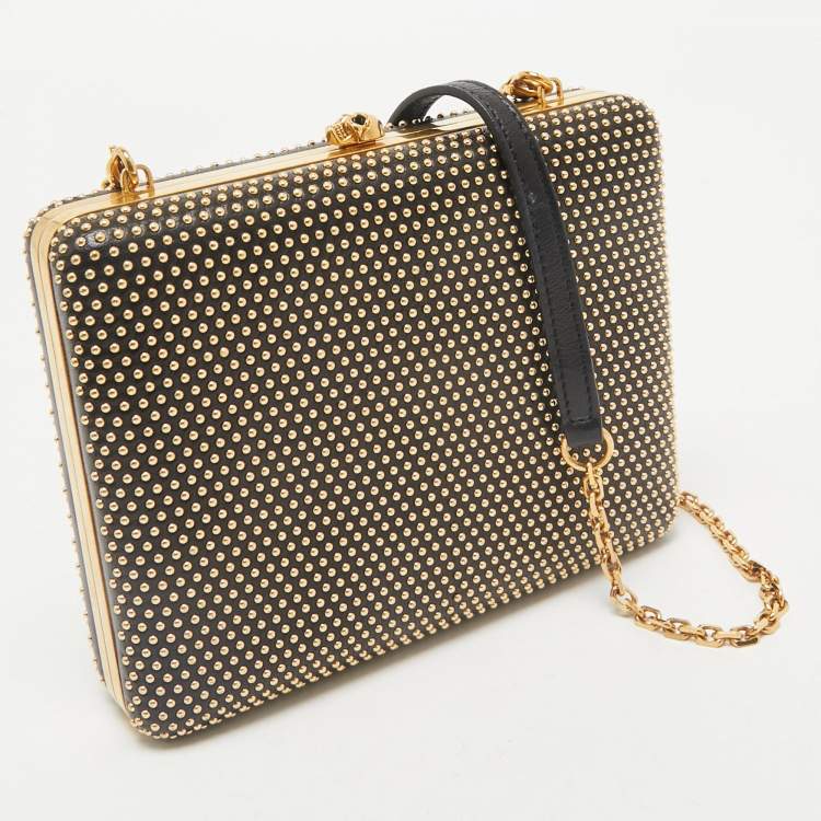 Pre Owned Alexander McQueen Black Leather Studded Skull Box Chain Clutch