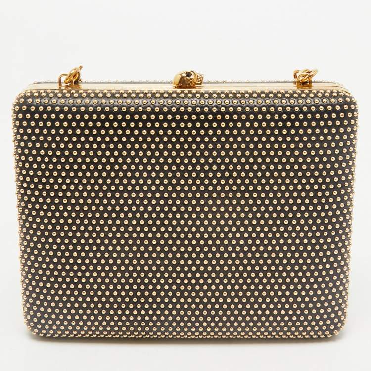 Pre Owned Alexander McQueen Black Leather Studded Skull Box Chain Clutch