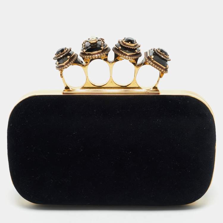 Pre Owned Alexander McQueen Black Velvet Four Ring Embellished Box Clutch