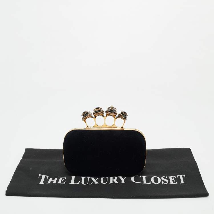 Pre Owned Alexander McQueen Black Velvet Four Ring Embellished Box Clutch
