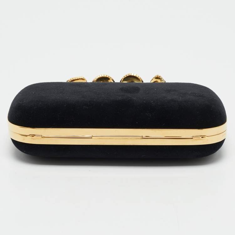 Pre Owned Alexander McQueen Black Velvet Four Ring Embellished Box Clutch