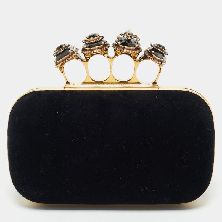 Pre Owned Alexander McQueen Black Velvet Four Ring Embellished Box Clutch